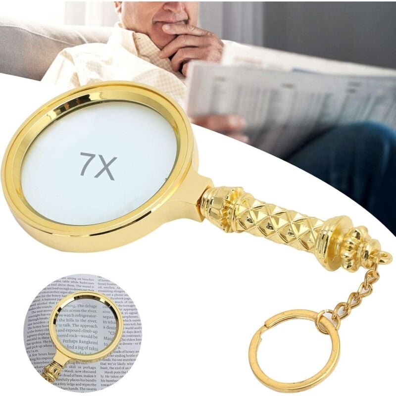 7-fache Lupe, 80-mm-Lupe und tragbar mit Schlüsselbund, Leselupe aus geschnitztem Gold, Fokus auf Sonnenlicht im Freien ...