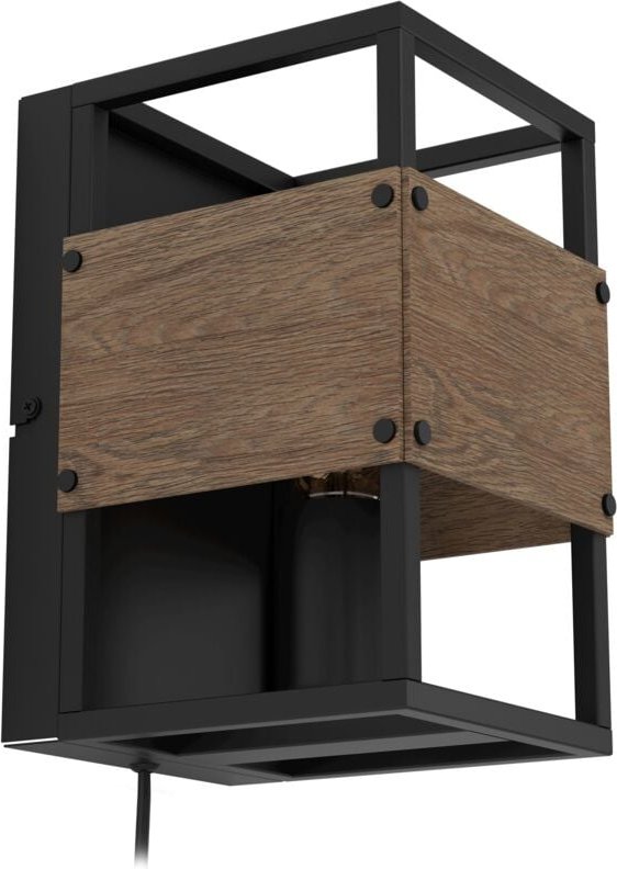 Thumbnail - EGLO Wandleuchte innen Evesham, Wandlampe mit Stecker, Wandbeleuchtung aus Metall in Schwarz und Holz in Dunkelbraun, Wa...