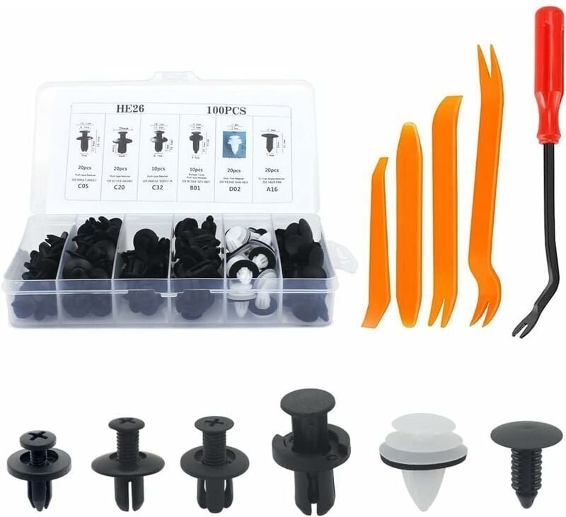 Kunststoff-Nietklammern, 100 Stück Universal-Auto-Kunststoff-Nietklammern, Auto-Befestigungsclip und 4 Stück Auto-Entfer...