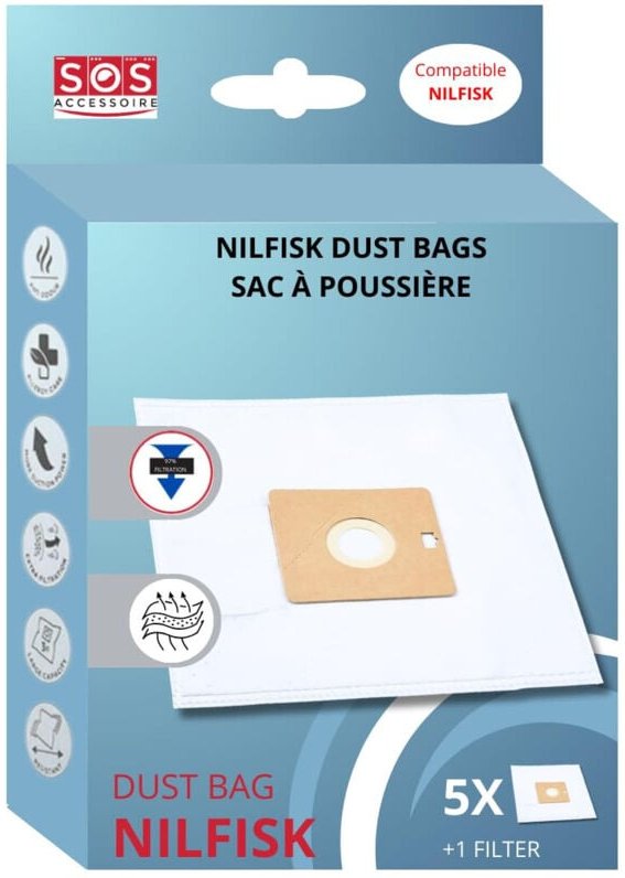 Ersatzteil - sos Accessoire Boite de 5 sacs avec 1 pre filtre coupe/compact/go/force pour Aspirateur Nilfisk 78602600, 2...