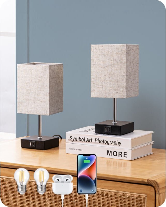 EDISHINE LED Nachttischlampe 3 Stufig Touch Dimmbar 2er Set, 2 USB Anschlüsse (A+B), E27 Fassung, 2700K Warmweiß, Tischl...