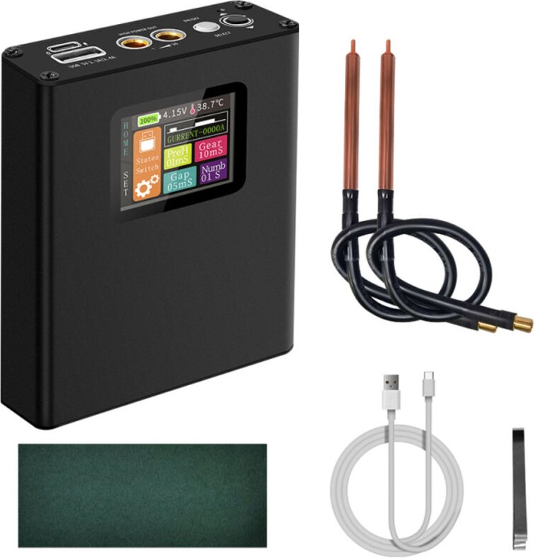 Saldatrice a punti con dispositivi di sicurezza e amperometro integrato, kit lamiere nichelate 0,25 mm e nichel puro 0,1...