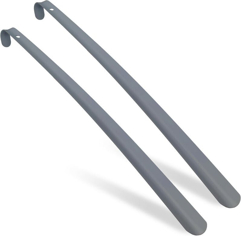 Schuhlöffel 2er Set, 58 cm lang, Schuhanzieher Metall, stabil, Aufhänger, Schuhanziehhilfe für Schuhe, grau - Relaxdays