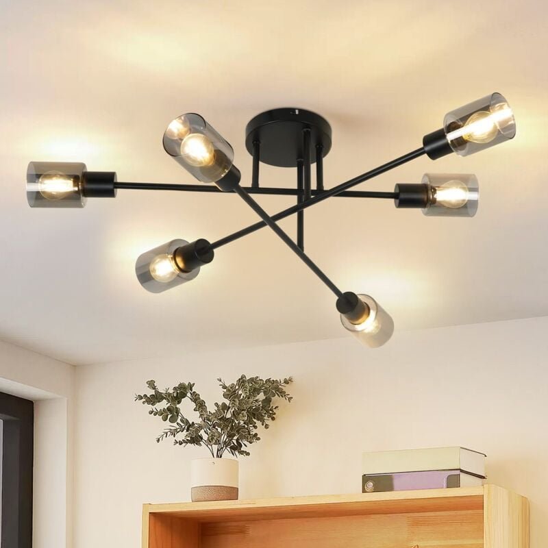 Thumbnail - Deckenlampe Vintage 6 flammig: Industrial Wohnzimmerlampe Schwarz Deckenleuchte Wohnzimmer retro Kronleuchter aus Glas E...