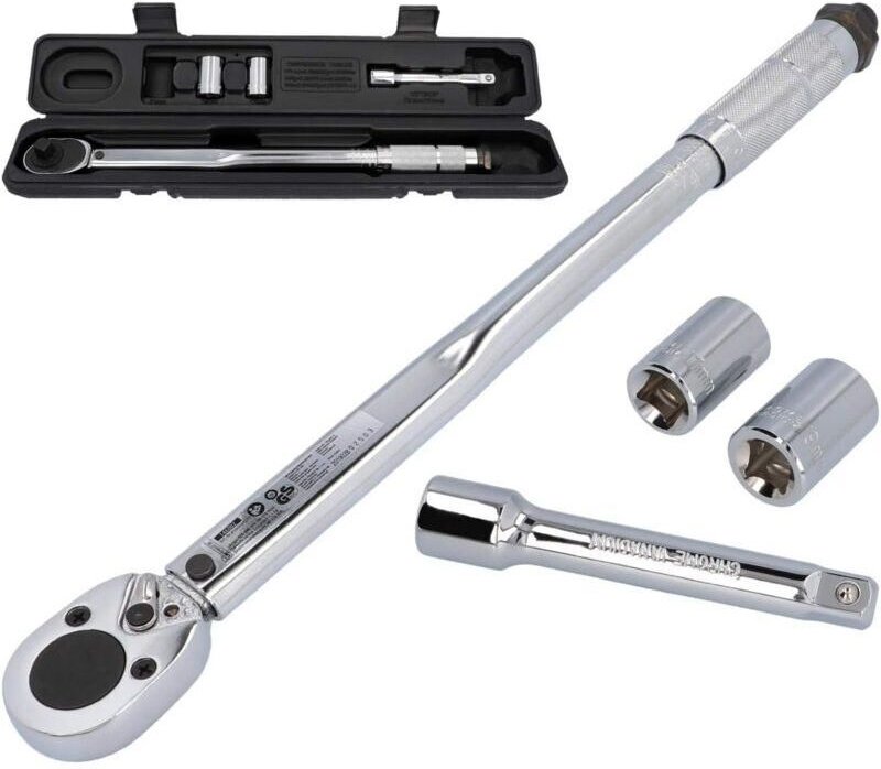 ZVD - Clé dynamométrique réglable jusqu'à maximum 210 Nm, entraînement 1/2 carré avec douilles 17/19 mm et rallonge.