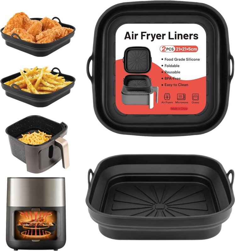 Silikonform für Luftfritteuse, 2 Stück, wiederverwendbare, faltbare quadratische Silikonform für Luftfritteuse, Mikrowel...