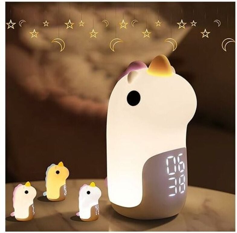 Tigrezy - Leuchtender Kinderwecker, 3 Farben, wiederaufladbar, Tag/Nacht-Nachtlichter, LED-Digitalwecker mit niedlicher ...