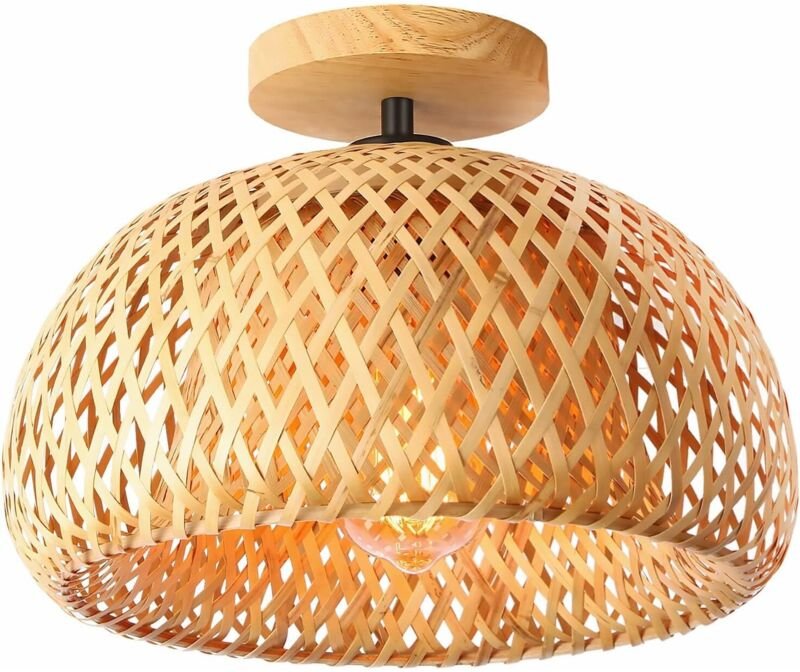 Bambus-Deckenleuchte, halbaufgesetzte Korb-Deckenleuchte, handgefertigte Boho-Rattan-Deckenleuchte