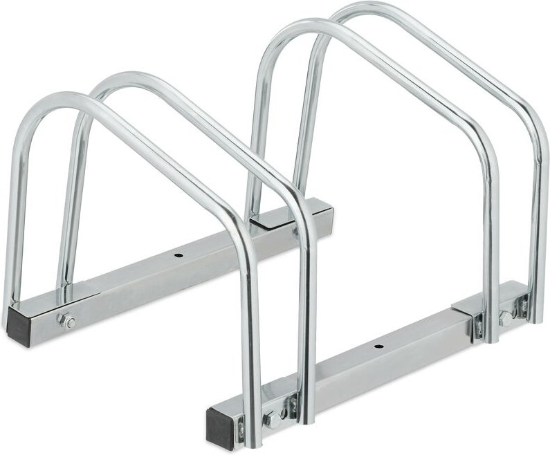 Relaxdays Fahrradständer Boden, für 2 Fahrräder, bis 60 mm Reifenbreite, Metall, Garage, Fahrrad-Aufstellständer, silber