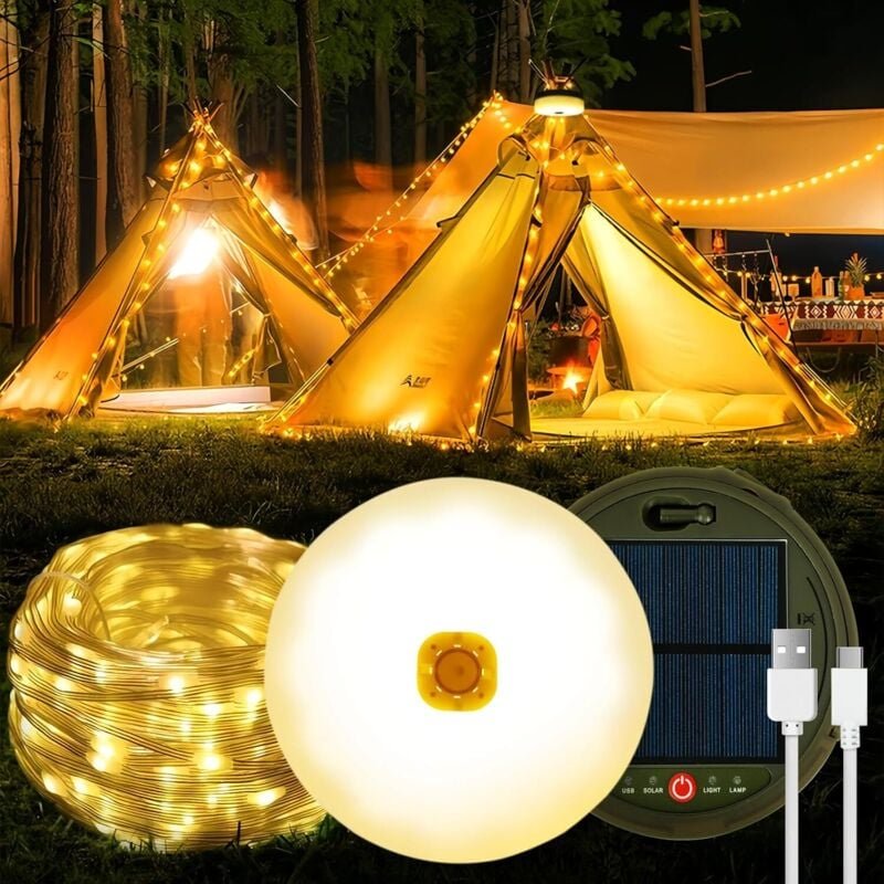Solarbetriebene Lichterkette, 12 m, 120 LEDs, Solar-Campinglichter für den Außen- und Innenbereich, 3600 mAh, tragbare, ...