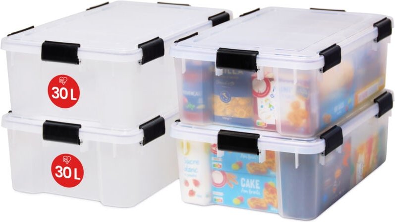 Iris Ohyama Luftdichte Kunststoff-Aufbewahrungsboxen mit Deckel, 30L, 4er-Set, Transparent, Hermetischer wasserdichter V...