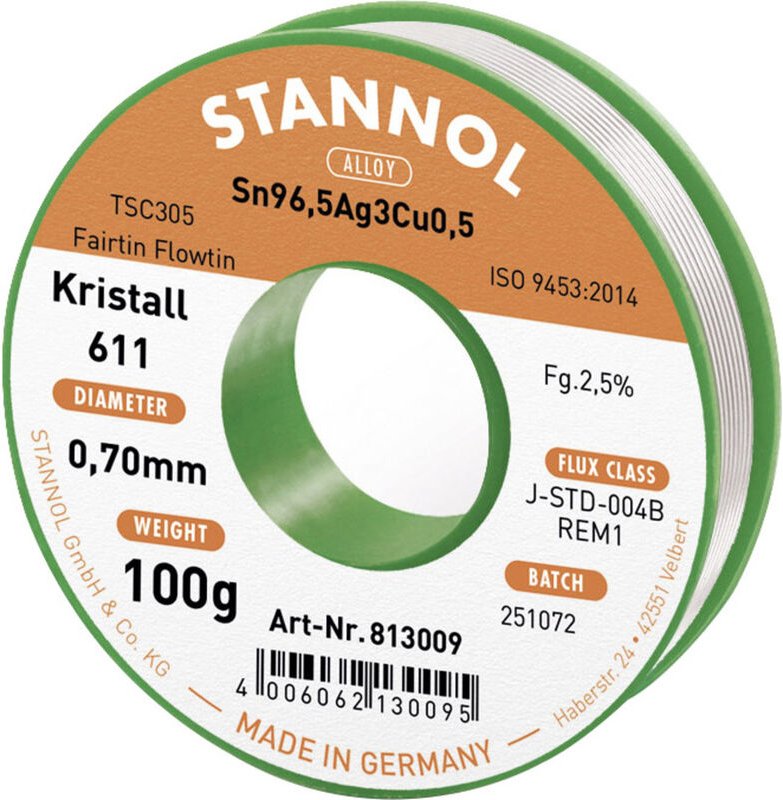 Kristall 611 Fairtin Lötzinn, bleifrei bleifrei Sn96,5Ag3Cu0,5 REM1 100 g 0.7 mm - Stannol
