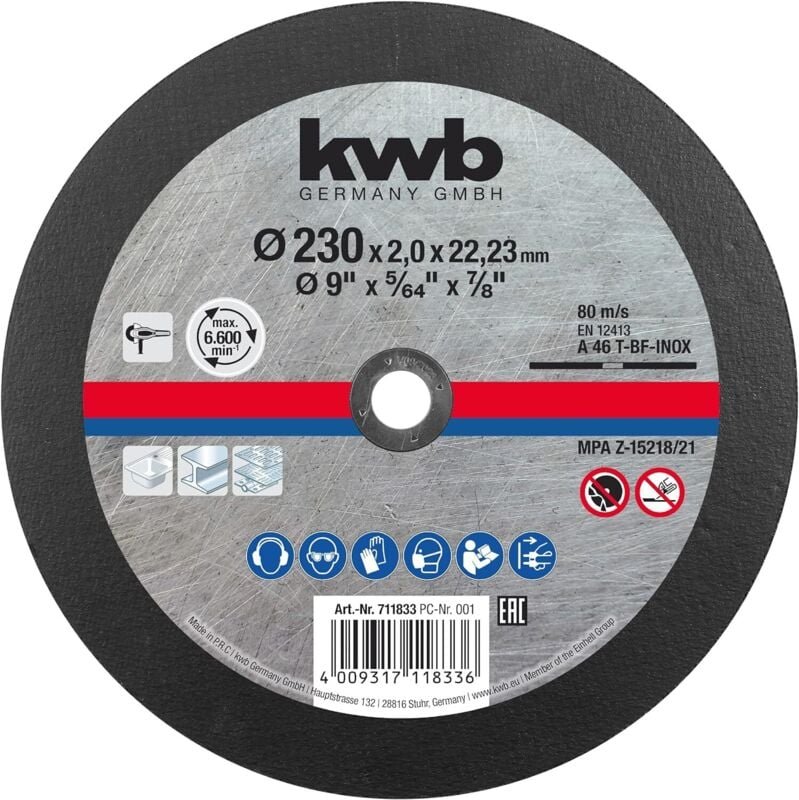 Einhell - kwb Metall-Trennscheibe 230 x 1,9 mm dünn, Bohrung 22,23 mm für Winkelschleifer, für Edelstahl geeignet