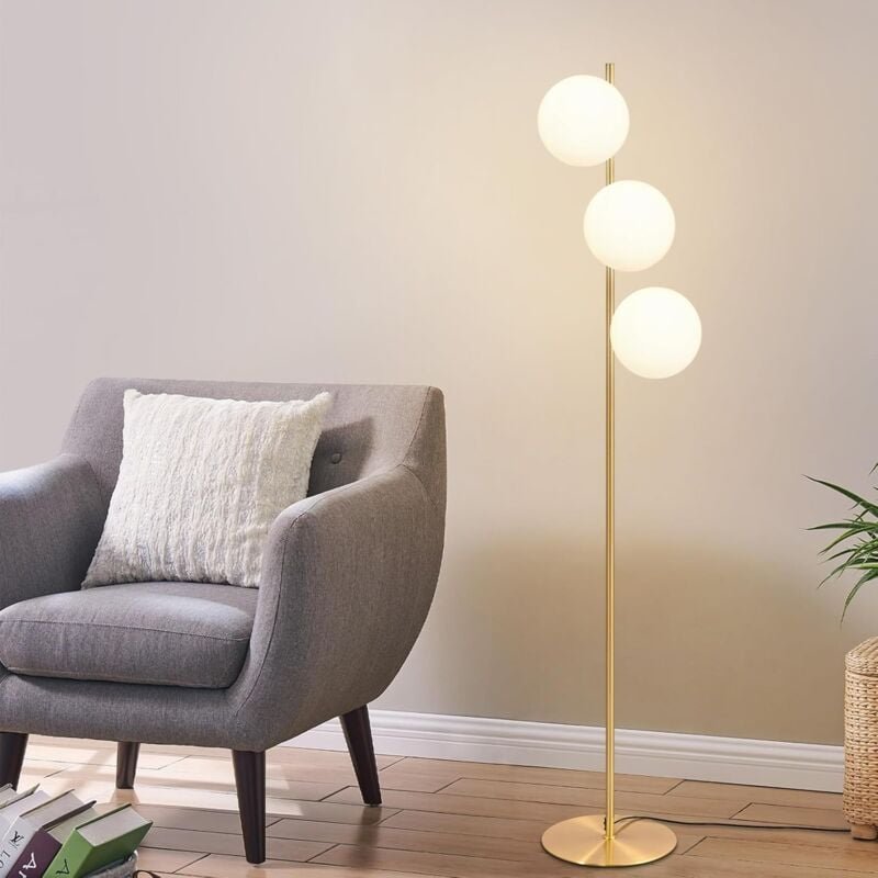 Thumbnail - GBLY Moderne Stehlampe für das Wohnzimmer - 3-flammige goldene Industrie-Stehlampe mit Fußschalter, Design aus Metall un...