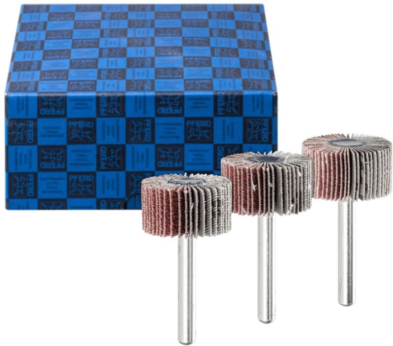 Pferd - Fächerschleifer-Set 3-tlg. Korund ø 30x15 mm Schaft-Ø 6 mm A60, 80,120 für Feinschliff und Finish