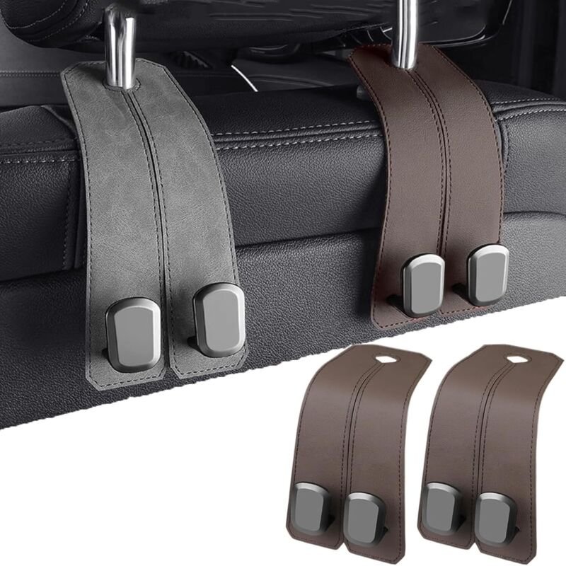 Lederhaken für Autositzlehnen, universelle Kopfstützenhalterung für Handtaschen (Braun) – 2er-Set