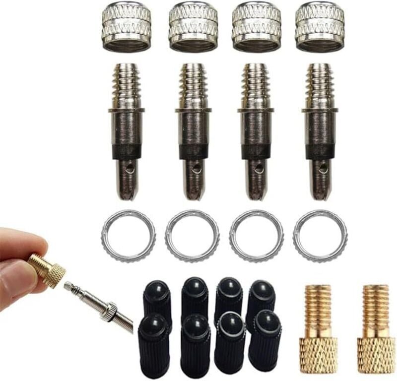 22tlg Fahrradventil Reparaturset Silber Edelstahl Ventil Kit mit Ventilschlüssel,Ventilkappen Adapter Für alle Fahrrad V...