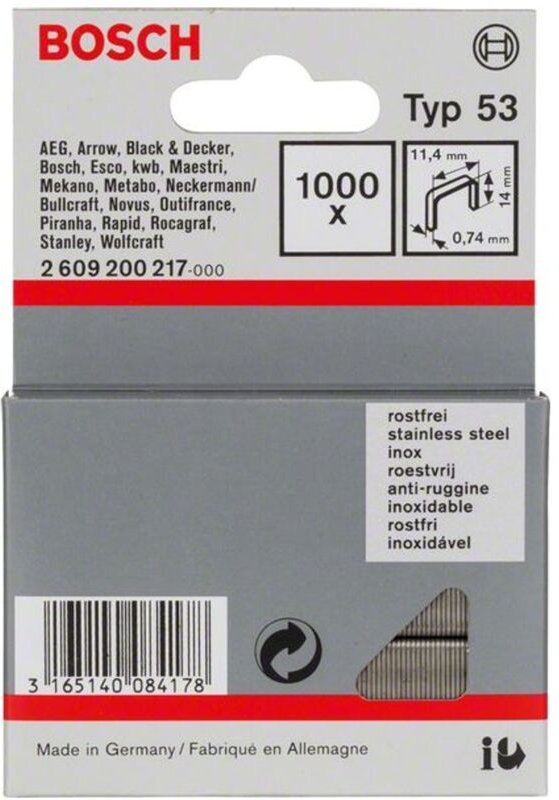 Feindrahtklammer Typ 53, 11,4 x 0,74 x 14 mm, 1000er-Pack, rostfrei - Bosch