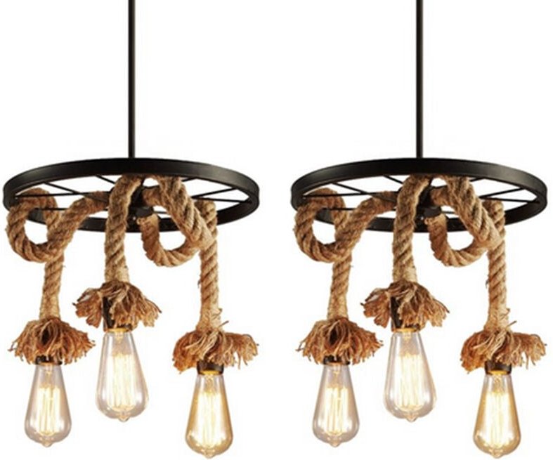 Pendelleuchte Hanfseil, Hängelampe im Retro Look, Vintage Wagenrad Form Kronleuchter mit E27 Fassung für Wohnzimmer Essz...