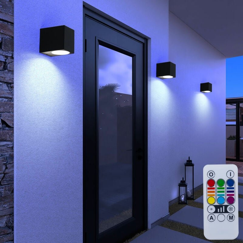 Thumbnail - 3er Set rgb led Außen Lampen dimmbar alu Down Spots schwarz Fernbedienung Fassaden Wand Leuchten