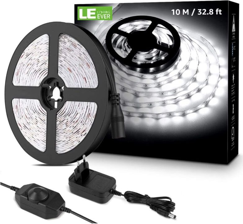10M dimmbarer LED-Streifen, kaltweißer LED-Streifen 6000K 600 smd 2835 LEDs, 12V selbstklebender LED-Streifen mit Dimmer...