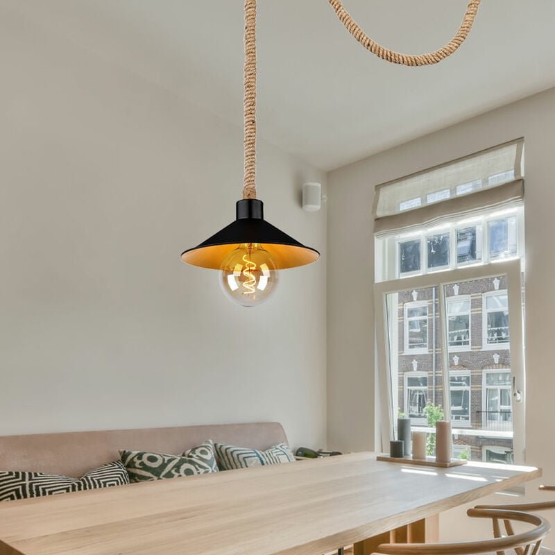 Seillampe Pendellampe Hanfseil gold schwarz E27 Vintage Wohnzimmer Pendelleuchte verstellbar, Hanfseil Metall, 1x E27 Fa...