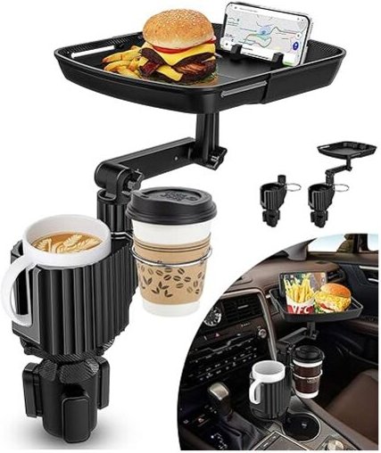 Erweiterbares Auto-Getränkehalter-Tablett, 360° schwenkbares Auto-Mahlzeitentablett, Auto-Esstablett mit Handy-Steckplat...