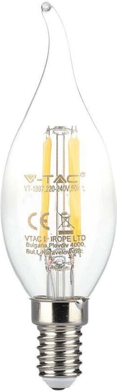 V-tac - E14 LED-Lampe, 4 w, 100 lm/W, Kerzenflamme, Glühfaden, Warmweiß