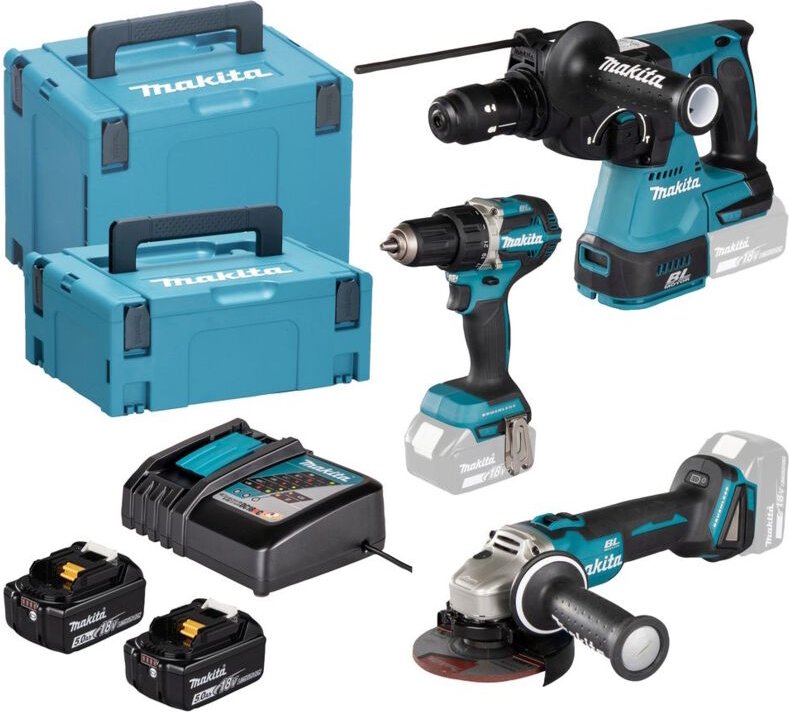 Makita Kombo-Kit LXT DDF484 • DGA504 • DHR243 • Ladegerät • 2 x 5,0 Ah Akku • Koffer