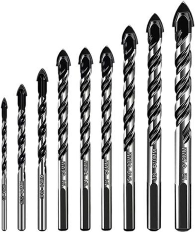 Ein Set aus 9 Bohrern in verschiedenen Materialien mit Durchmessern von 3/4/5/6/6/8/10/12 mm, geeignet zum Bohren von Lö...
