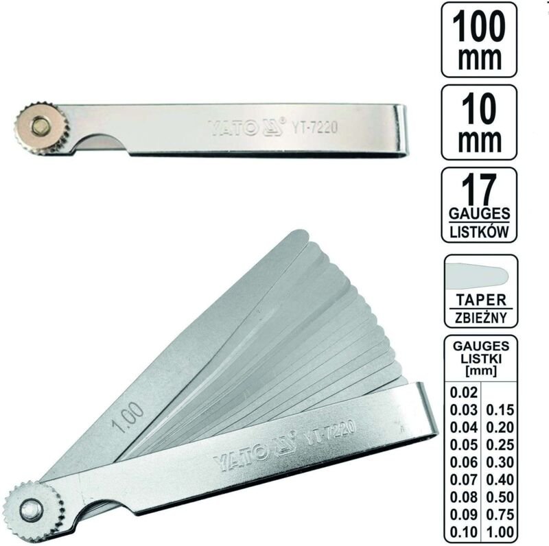 Fühlerlehre 100 mm, 17 Blätter, 0,02-1 mm YT-7220 Yato