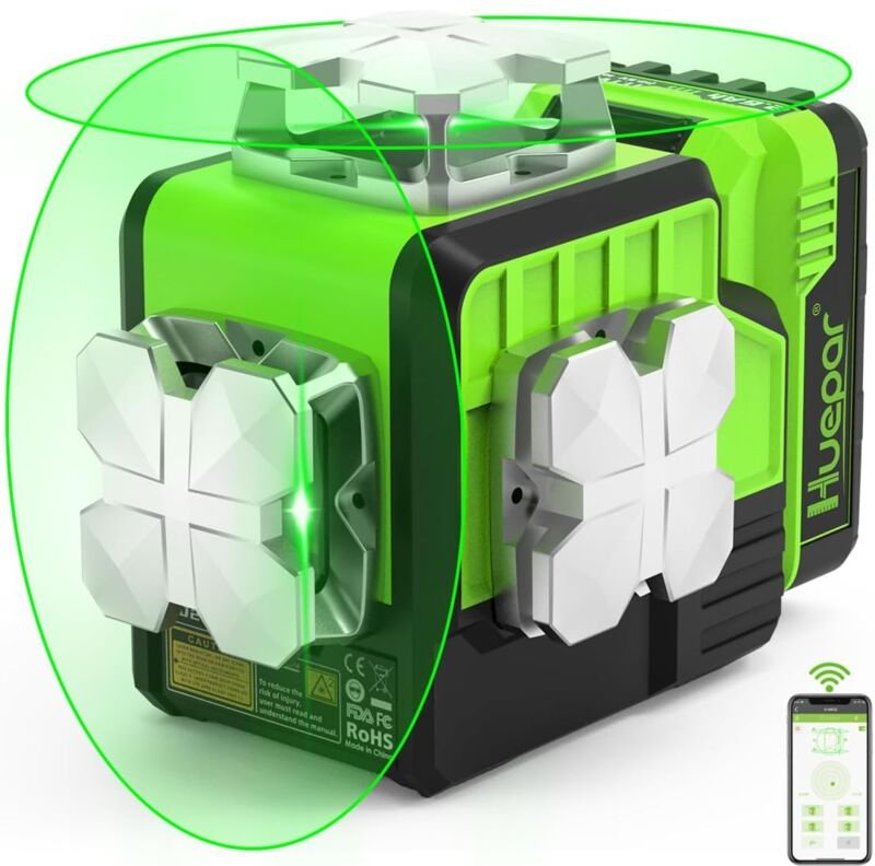 Huepar - 2x360 selbstnivellierende Bluetooth-Laser-Wasserwaage, hohe Helligkeit, 360° grüner Strahl-Kreuzlaser, 11 Stund...