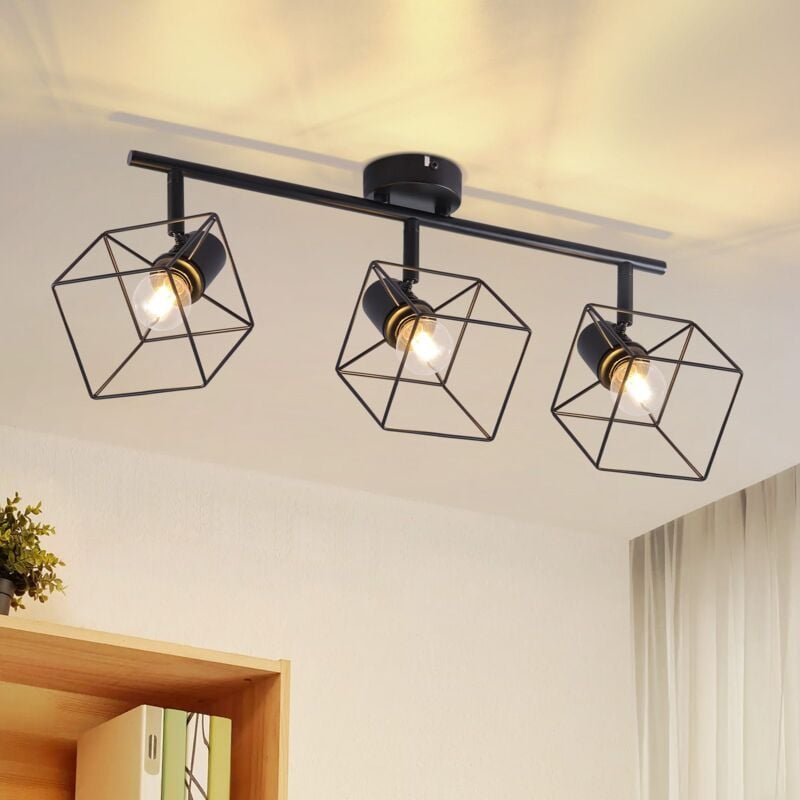 Deckenstrahler Deckenlampe 3 Flammig Schwarz - E14 Deckenleuchte 350° Schwenkbar Vintage Lampe Metall Deckenspots Schlaf...
