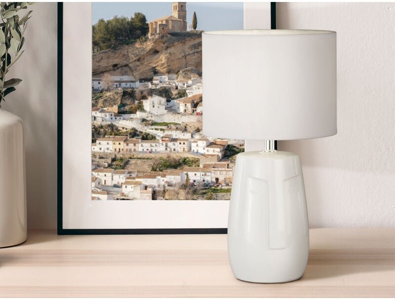 Led Tischlampe Weiß mit Keramikfuß & Stoffschirm, Höhe 36,5cm