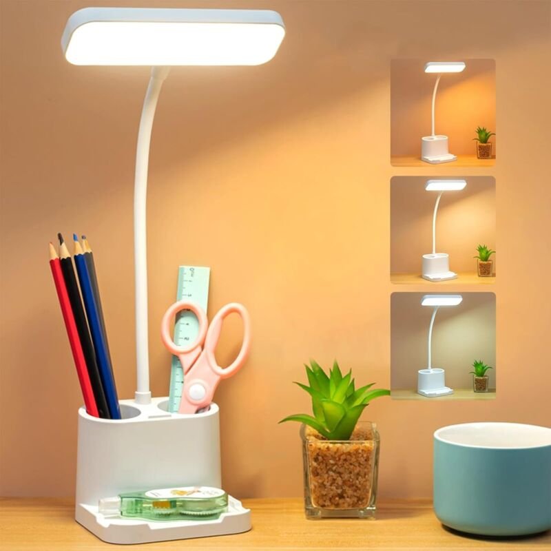 LED-Schreibtischlampe, per USB wiederaufladbare Kinder-Schreibtischlampe mit Stifthalter und Handyhalter, 3 Beleuchtungs...