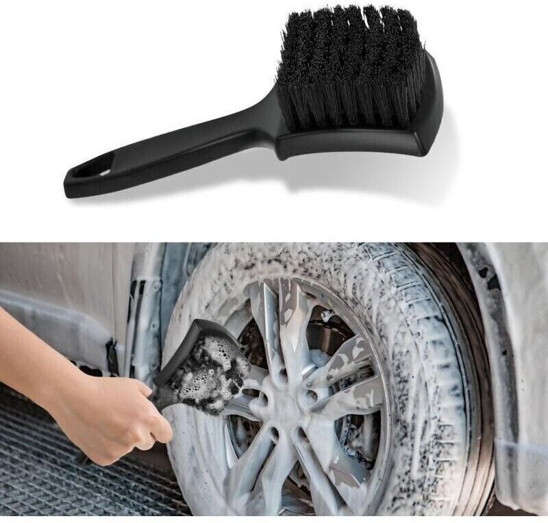 Felgenbürste, Autoreinigungsbürste, Autowaschbürste mit weichen Borsten, Reifenreiniger mit Griff (Schwarz)
