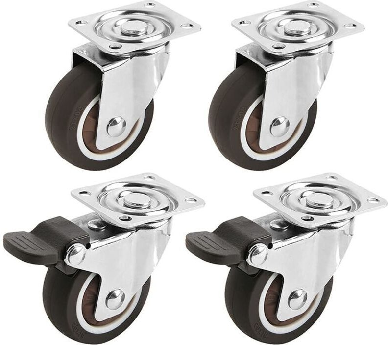 Set mit 4 kleinen Möbelrollen (50 mm), bestehend aus 2 Bremsrollen und 2 Lenkrollen. Tragkraft: 100 kg.