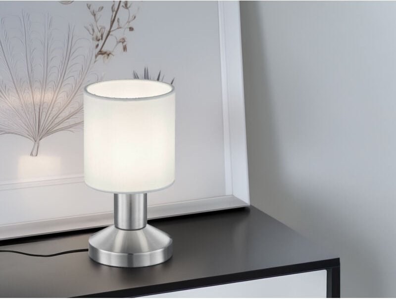 Defibrico - Kleine Touch Tischleuchte garda Silber mit Stoffschirm Weiß, Höhe 18cm