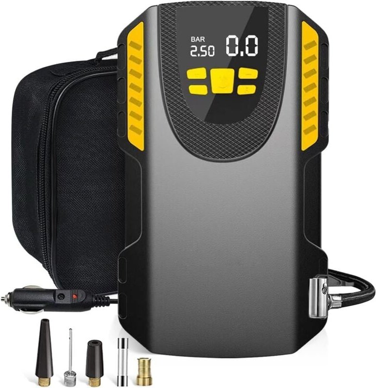 Thumbnail - Digitaler Auto-Reifenfüller, LCD-Display mit 3 Düsenadaptern, tragbarer 12-V-Luftkompressor mit Speicherfunktion, schnel...