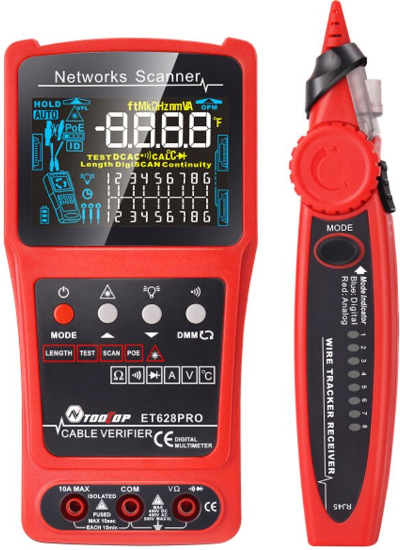 Tester di rete 3 in 1, multimetro e localizzatore visivo di guasti (VFL) con portata di 10 km, compatibile con cavi LAN ...