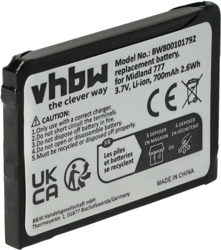 Vhbw - Akku kompatibel mit Alan / Midland 777, PMR446, PMR446+ Funkgerät, Walkie Talkie (700mAh 3,7V Li-Ion) - Ersatz fü...