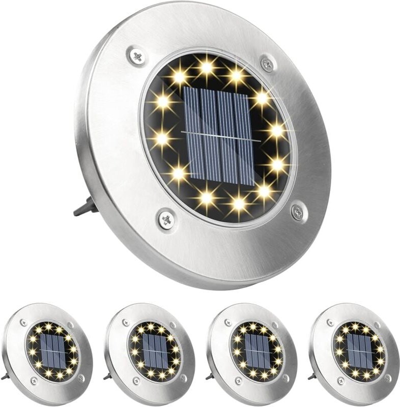 Solar-Bodenleuchten, 4 Stück, 12 LEDs, warmweiß, für den Außenbereich, Solar-Bodenleuchten, IP65, Edelstahl, wasserdicht...