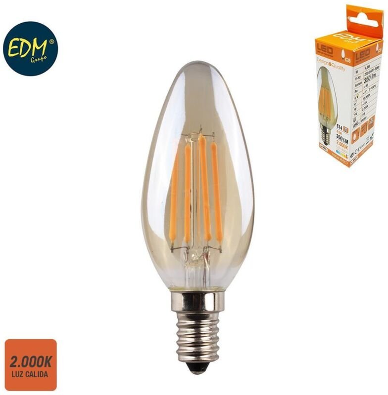 EDM - led Filament Kerze Vintage Glasbirne E14 4,5W 400lm 2000K Warmes Licht Ø3,5x9,8cm