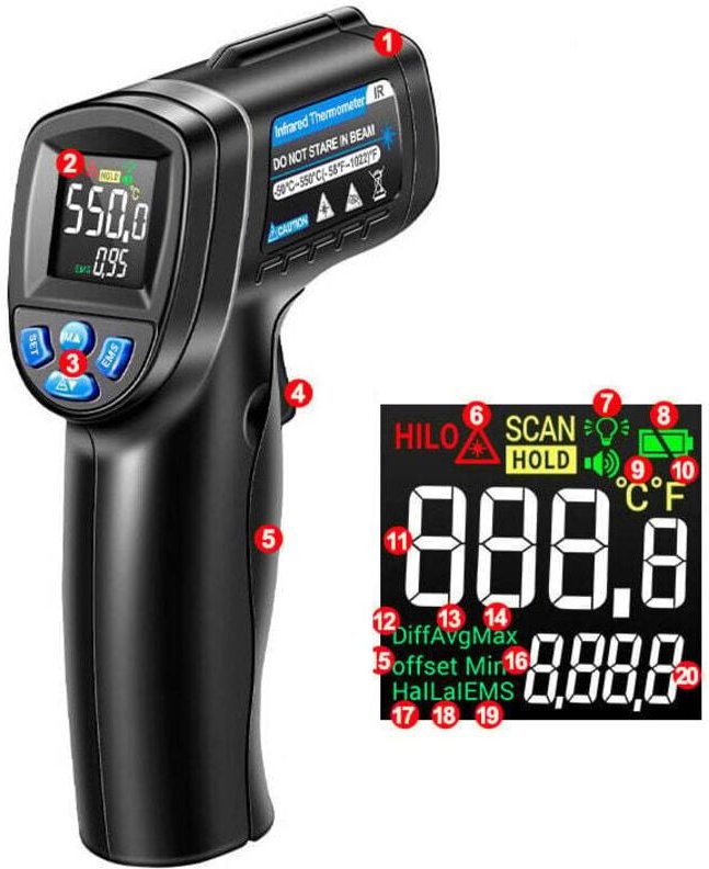 SNQ - Infrarot-Thermometer, -50 °c ~ 550 °c, berührungsloses Laserthermometer mit Farb-LCD-Display für Küche/Reparatur/P...