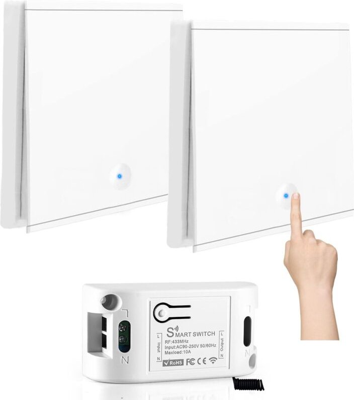 Interruptor inalámbrico 230V 10A, kit sin pilas con 1 receptor 433MHz 10A y 2 mandos murales unidireccionales para lámpa...