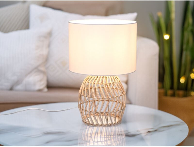 Reality Leuchten - Tischleuchte rike mit Rattan Geflecht & Stoffschirm in Weiß, Höhe 38cm