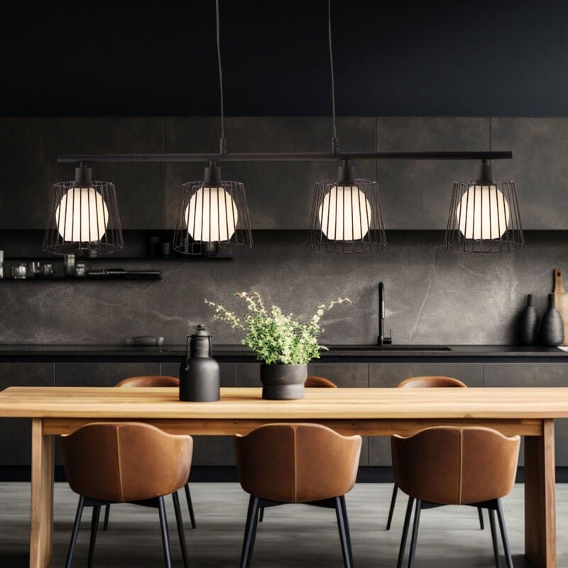 Hängelampe Esstischleuchte 4 flammig Pendelleuchte Wohnzimmerlampe, Metallgitter schwarz, Glaskugel weiß, 4x E14, BxH 90...