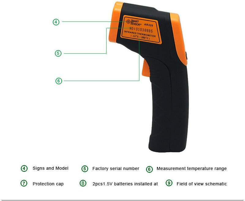 Berührungsloses digitales Laser-Temperaturpistolen-Infrarot-Thermometer (-32 °C 380 °C) Einstellbarer Emissionsgrad - Ke...