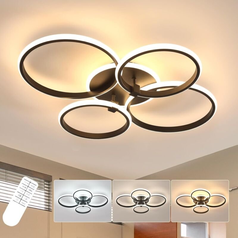 GOECO LED-Deckenleuchte mit 4 Ringen, Schwarz, 69 x 58 cm, dimmbar, für Wohnzimmer, Büro, Esszimmer