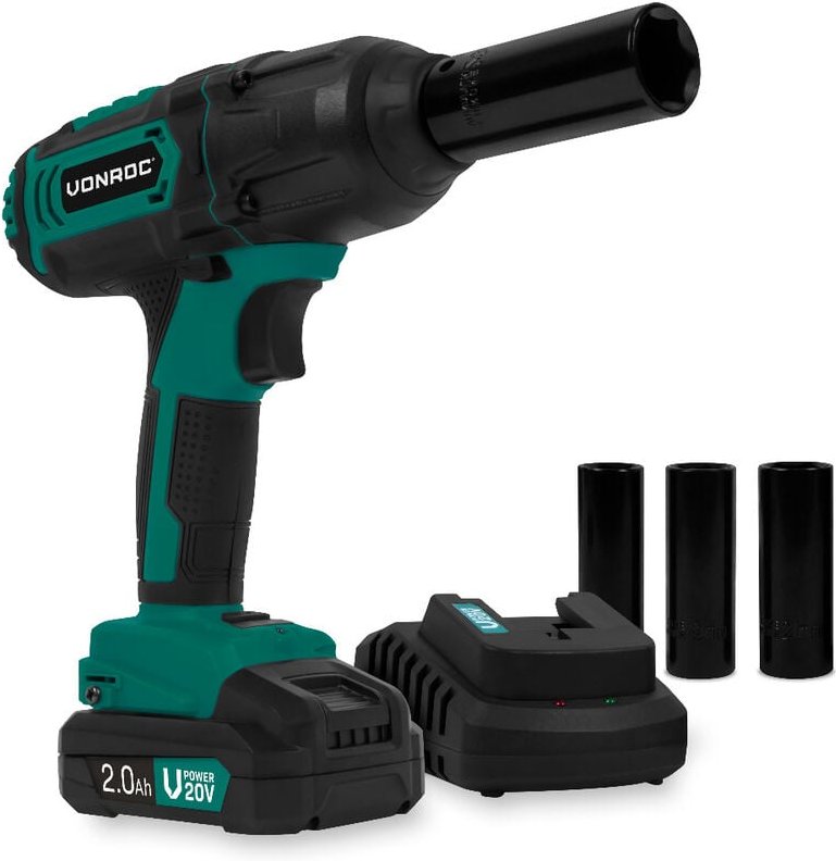 VONROC Akku-Schlagschrauber 20V – 4 Einstellungen: 100/200/300/400Nm – Inkl. 4 Steckschlüssel – 2,0Ah-Akku und Ladegerät